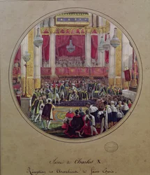 Koning Karel X (1757-1836) ontvangt de Ridders van de Saint Esprit in de Kathedraal van Reims op 30 mei 1825